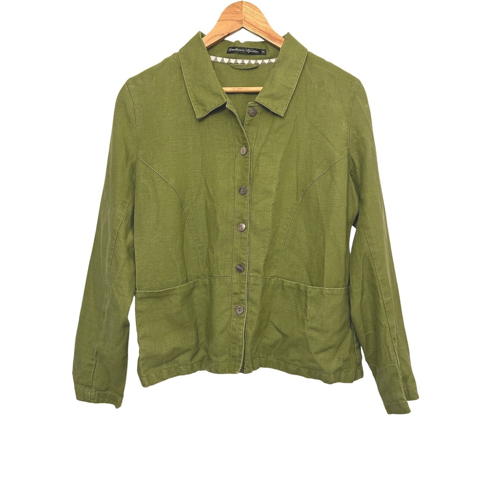 Gudrun Sjöden 100% Linen Shirt Jacket M Olive Green Lagenlook Button Front Boho